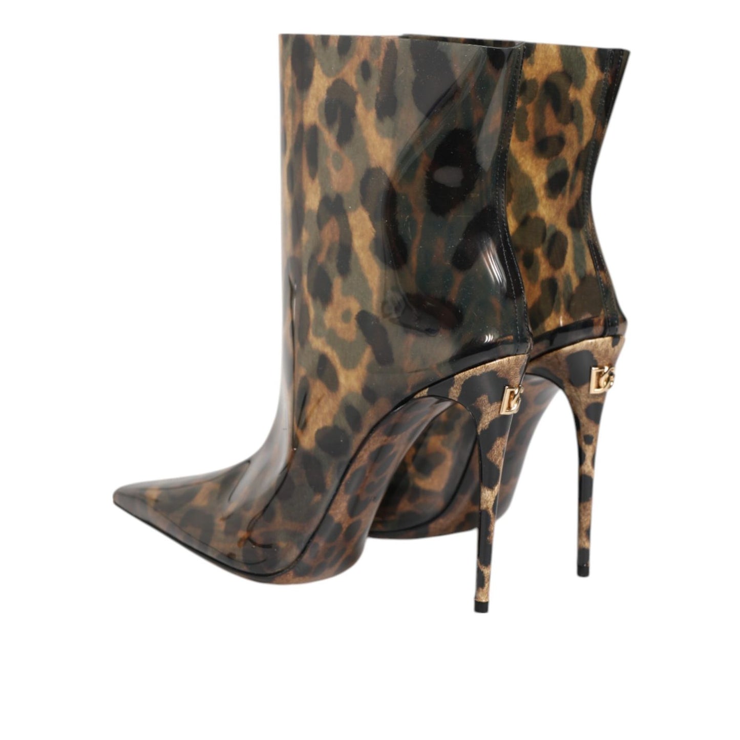Dolce & Gabbana Leopard Print PVC Pointed Toe Boots Shoes with stiletto heel and DG logo detail, brown leopard pattern.