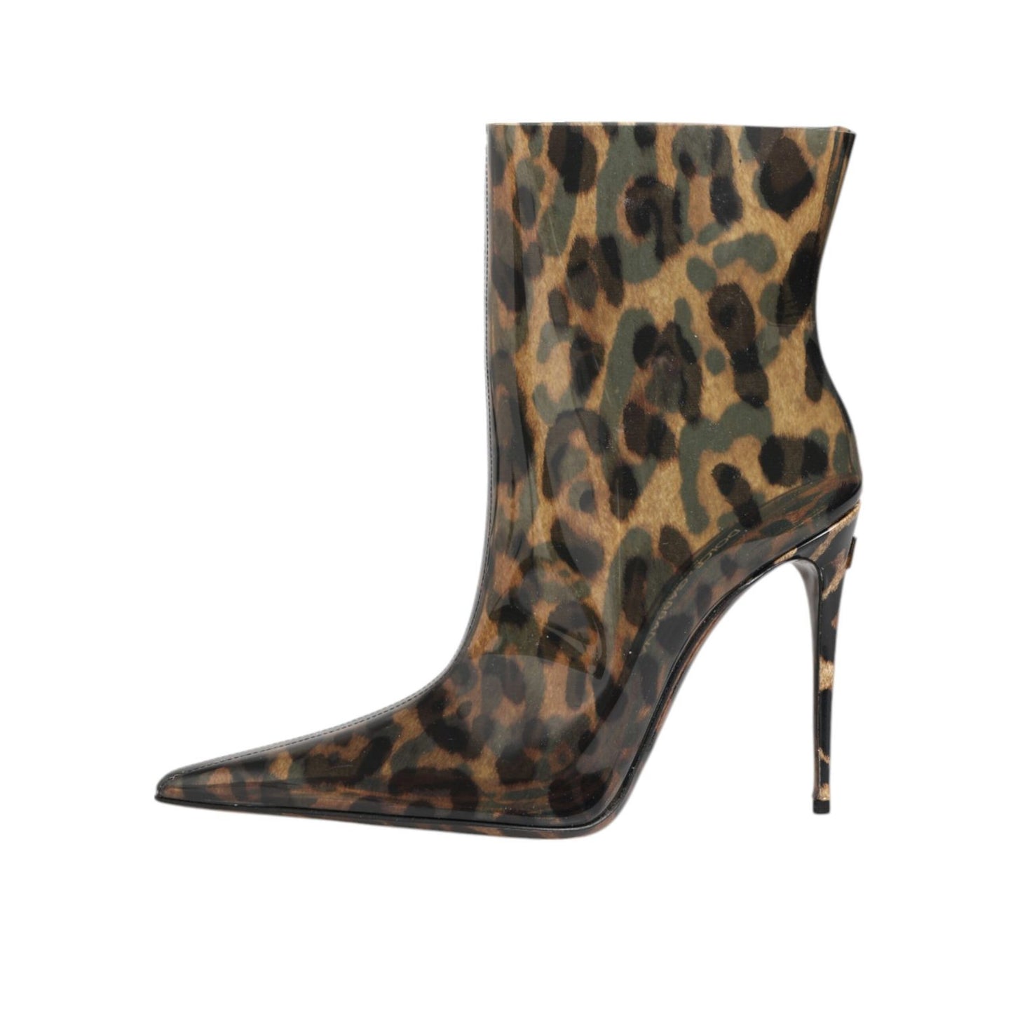 Dolce & Gabbana Leopard Print PVC Pointed Toe Boots Shoes with stiletto heel and DG logo detail, brown leopard pattern.