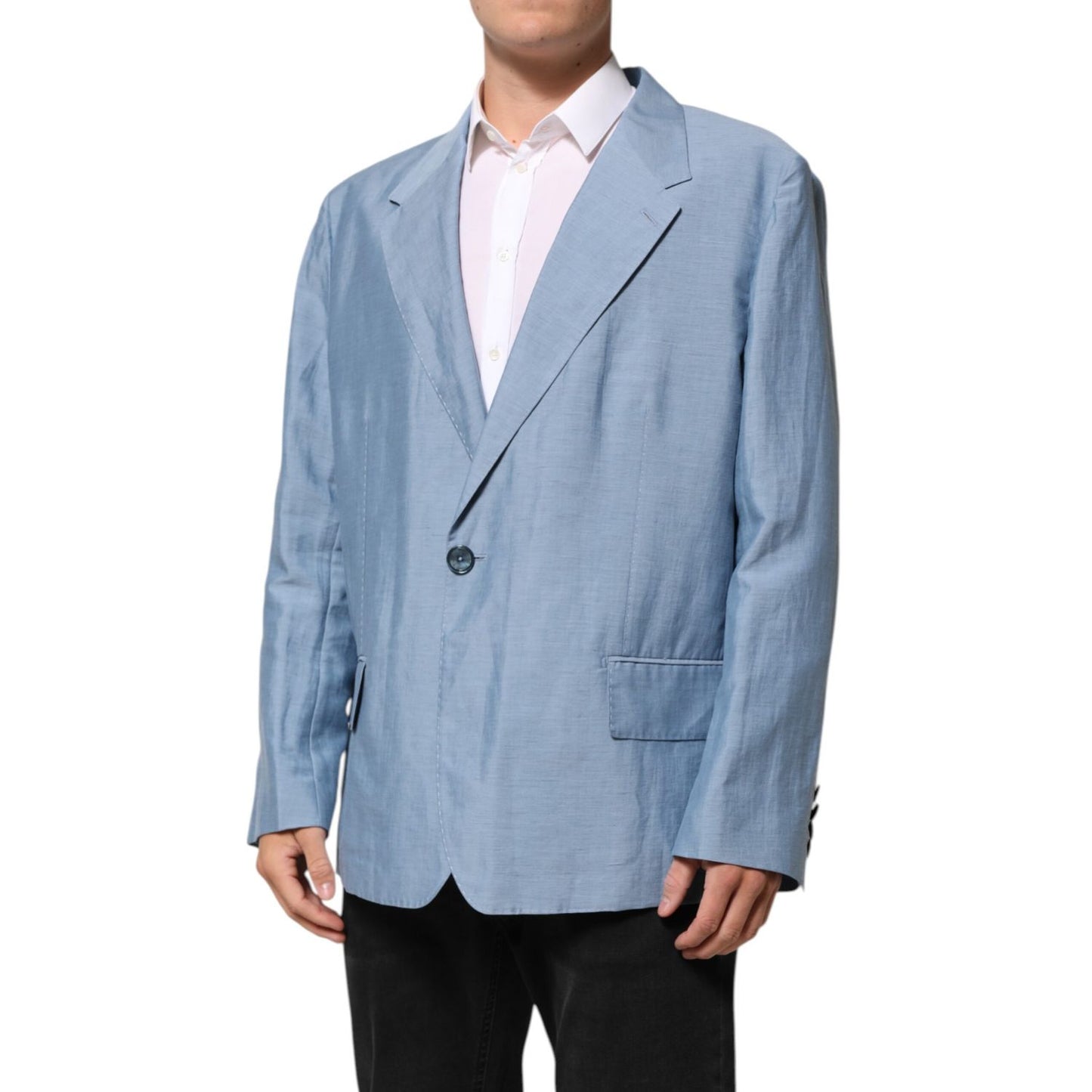 Dolce & Gabbana Light Blue Linen Double Breasted Men Jacket Blazer with cotton lining and logo details