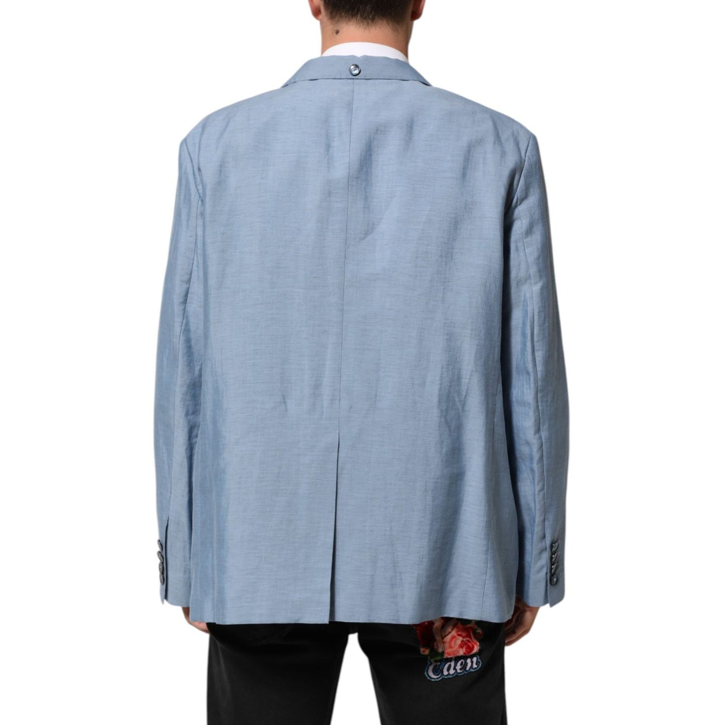 Back view of Dolce & Gabbana Light Blue Linen Double Breasted Men Jacket Blazer, relaxed fit with elegant design, premium fabric.