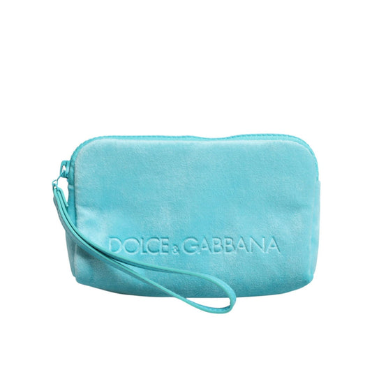 Dolce & Gabbana Light Blue Solid Logo Clutch Sunglasses Holder Pouch Bag in velvet with wrist strap and zipper fastening, made in Italy.