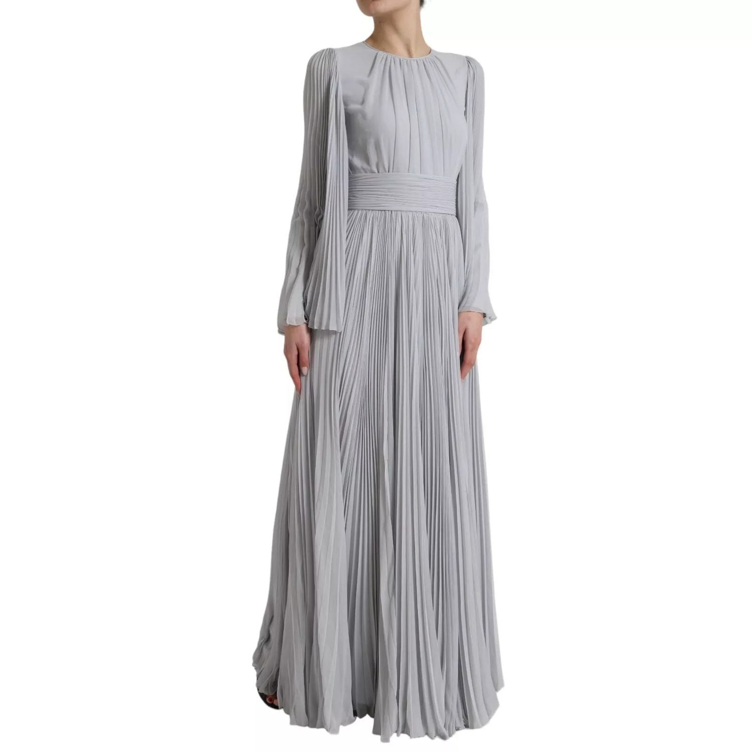 Dolce & Gabbana Light Grey Polyester Pleated Long Maxi Dress