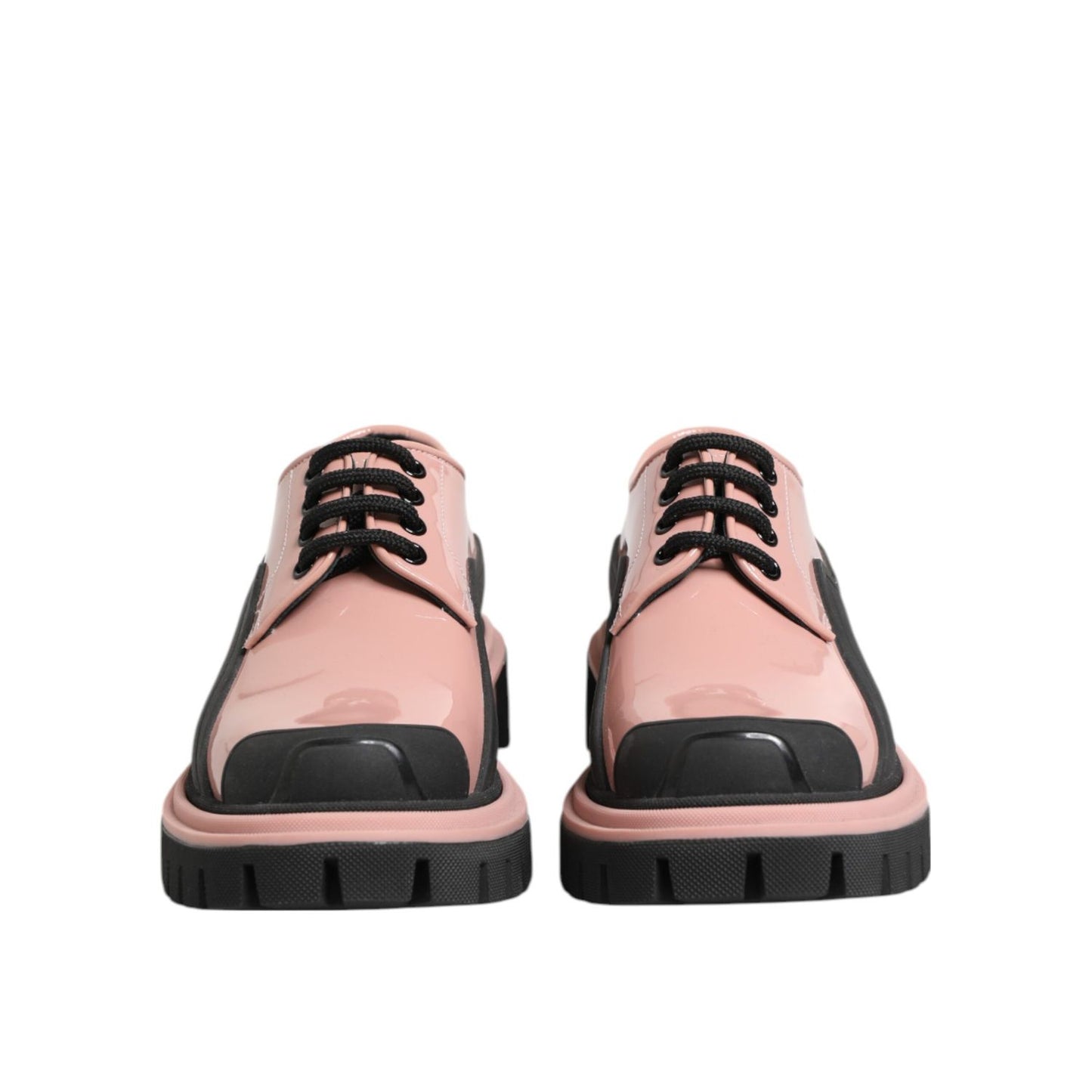 Dolce & Gabbana Light Powder Pink Black Leather Lace-Up Shoes with chunky lug sole, front view.