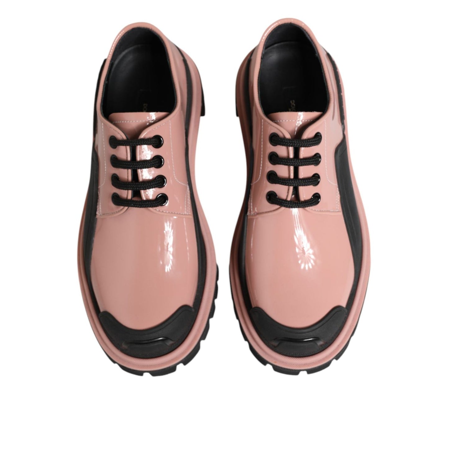 Dolce & Gabbana Light Powder Pink Black Leather Lace-Up Shoes with chunky lug sole and patent finish.
