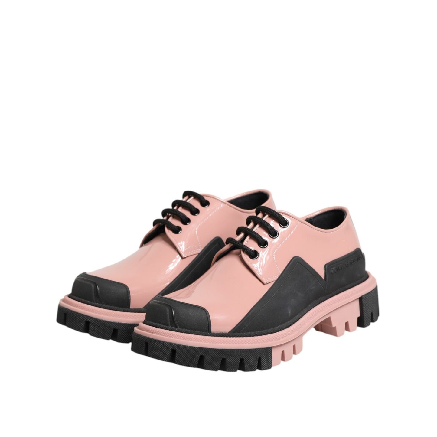 Dolce & Gabbana Light Powder Pink Black Leather Lace-Up Shoes with chunky lug sole, perfect for casual and streetwear styles.