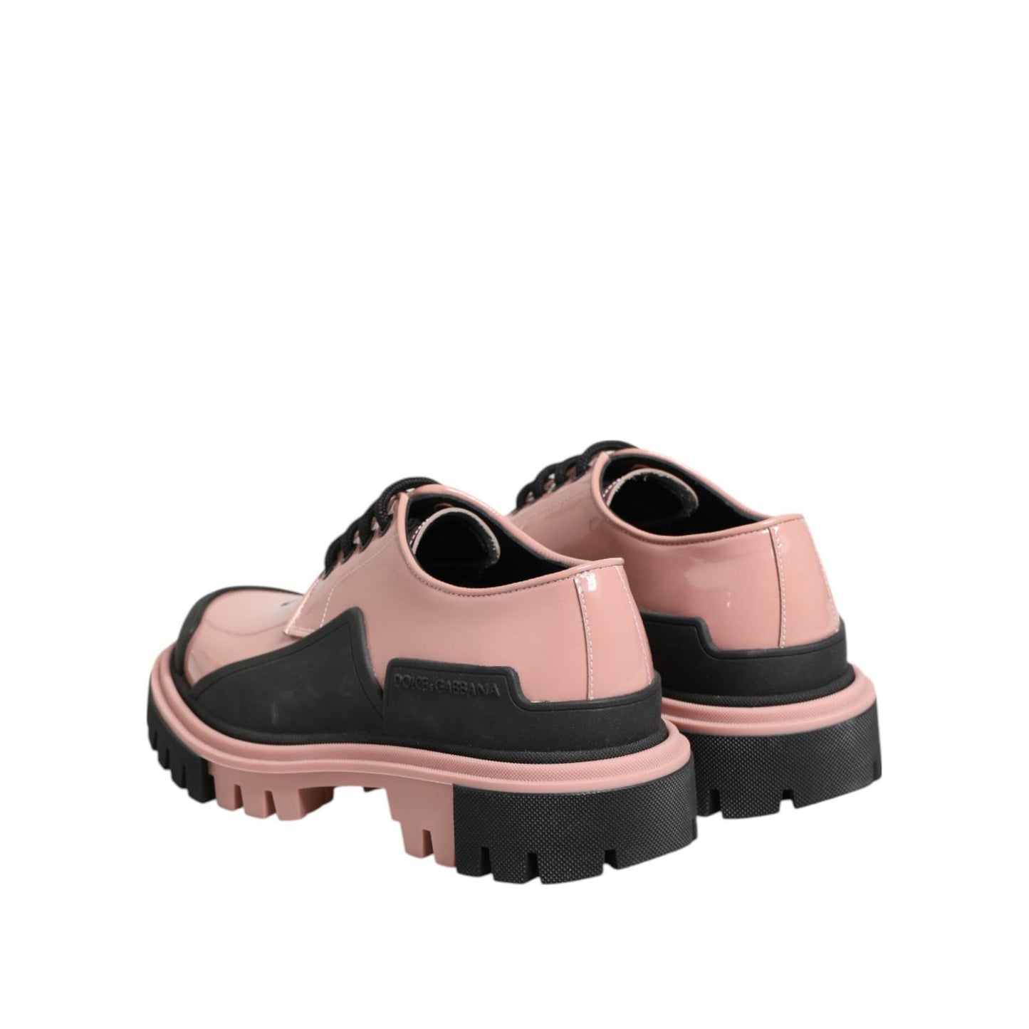 Dolce & Gabbana Light Powder Pink Black Leather Lace-Up Shoes with chunky lug sole, crafted from 100% calf patent leather.