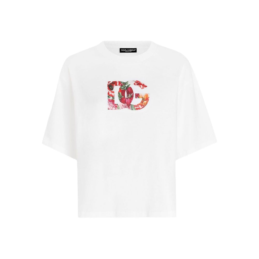 Dolce & Gabbana Logo cotton t-shirt, white crew neck with floral logo design, short sleeves, straight hem.