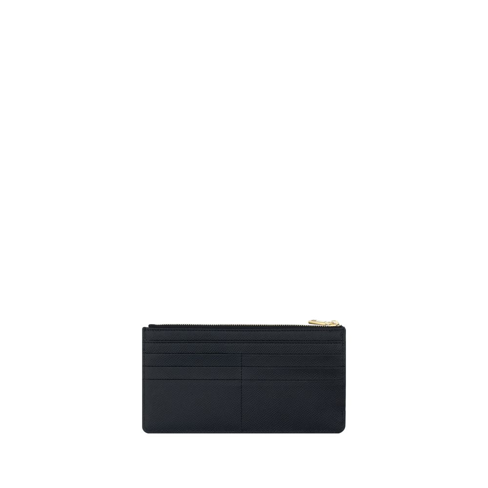 Dolce & Gabbana Logoed Card Holder in black leather with zip, front slit pocket, and card slots, featuring logo plaque.