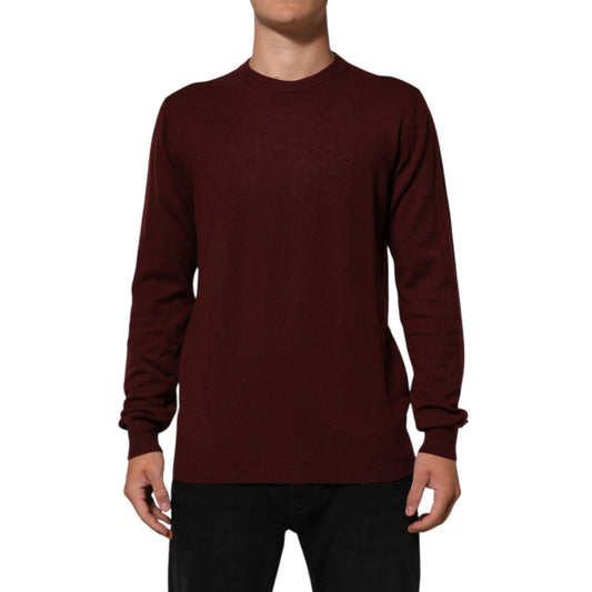 Dolce & Gabbana Maroon Cashmere Crew Neck Pullover Sweater with ribbed hem and cuffs, elegant design for versatile styling.