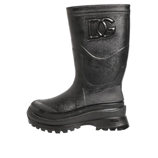 Dolce & Gabbana Metallic Black Pull On Rain Boots Men Shoes in sleek waterproof design with iconic branding, side view.