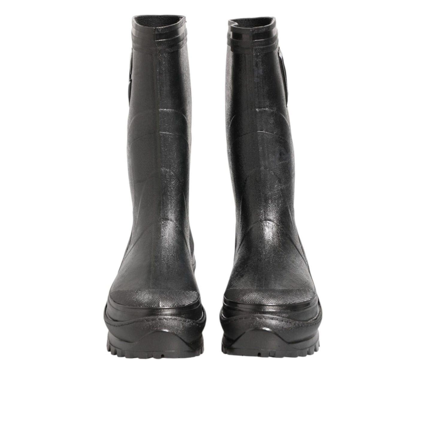 Front view of Dolce & Gabbana Metallic Black Pull On Rain Boots Men Shoes made from waterproof materials.