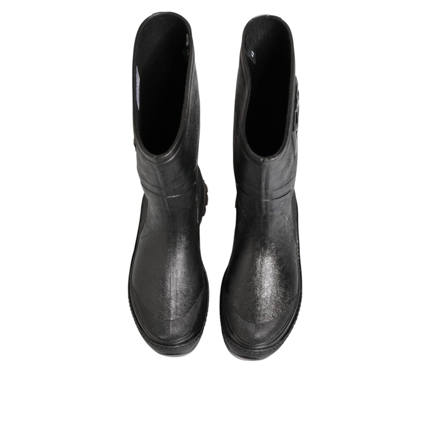 Top view of Dolce & Gabbana Metallic Black Pull On Rain Boots Men Shoes made from premium waterproof materials.