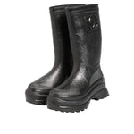 Dolce & Gabbana Metallic Black Pull On Rain Boots Men Shoes, waterproof stylish footwear with designer logo, side view.