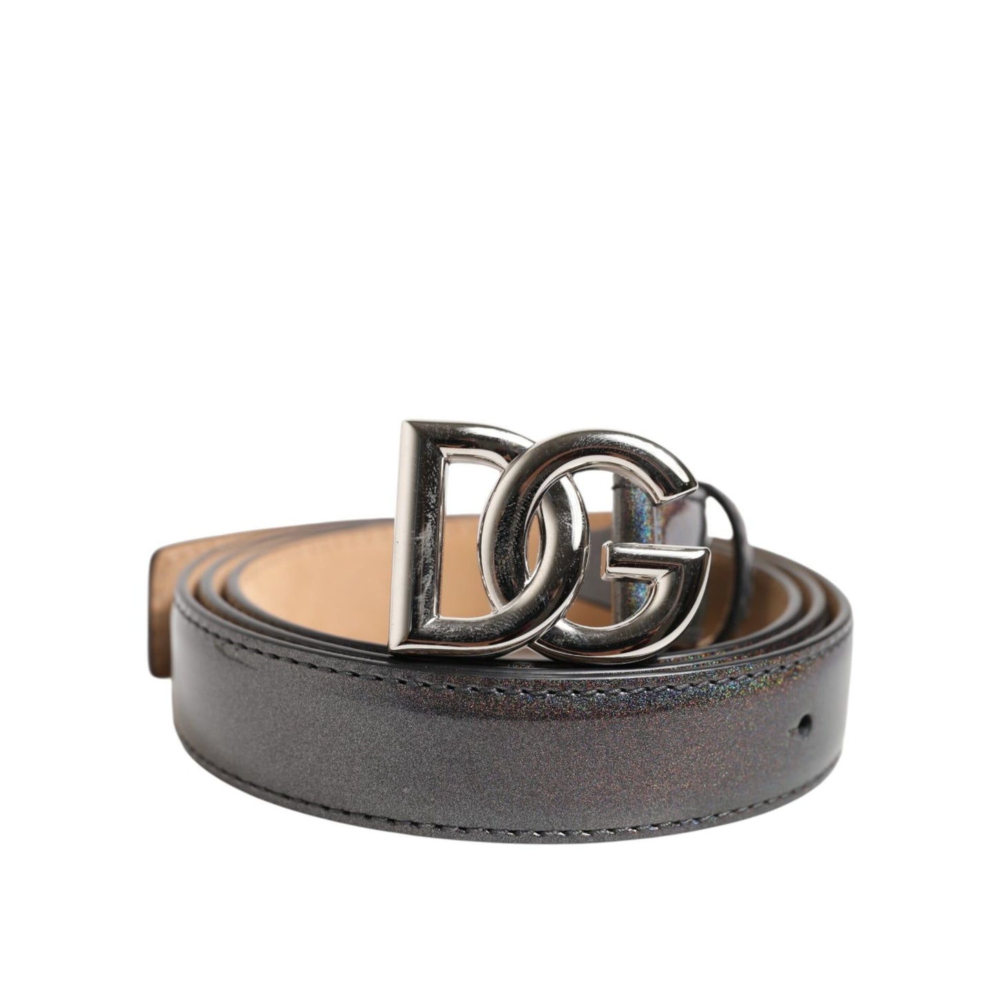 Dolce & Gabbana Metallic Leather Silver Tone Logo Buckle Belt