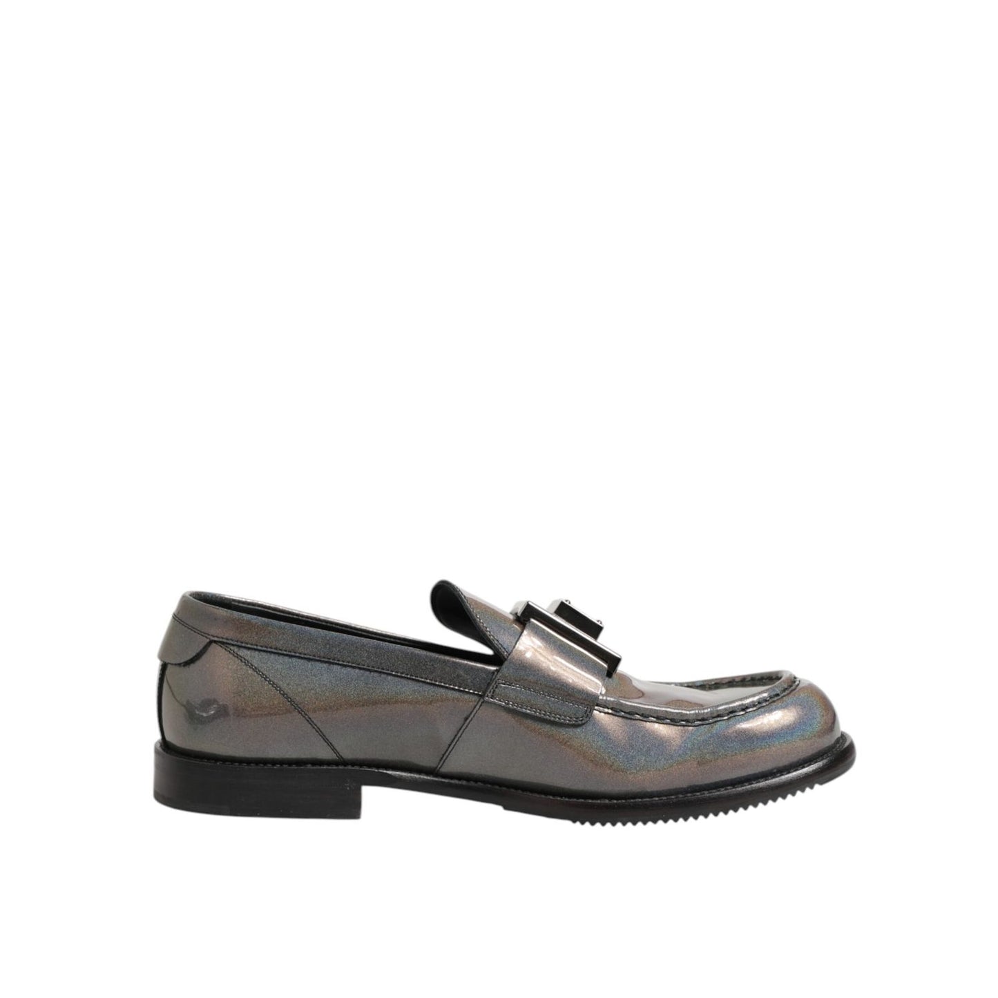 Dolce & Gabbana Metallic Silver Logo Slip On Men Dress Shoes, luxury formal footwear with DG logo detail, side view