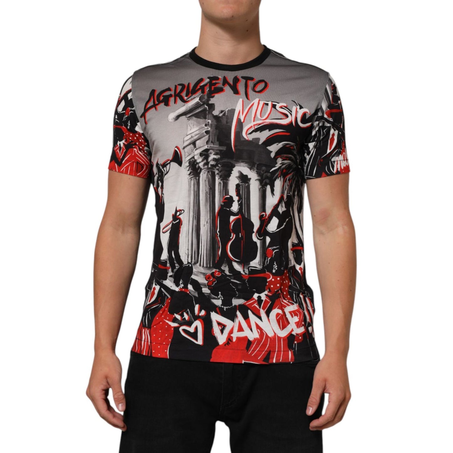 Dolce & Gabbana Multicolor Agrigento Dance Jazz Music Print T-shirt featuring vibrant design, worn by a model, showcasing Italian style.