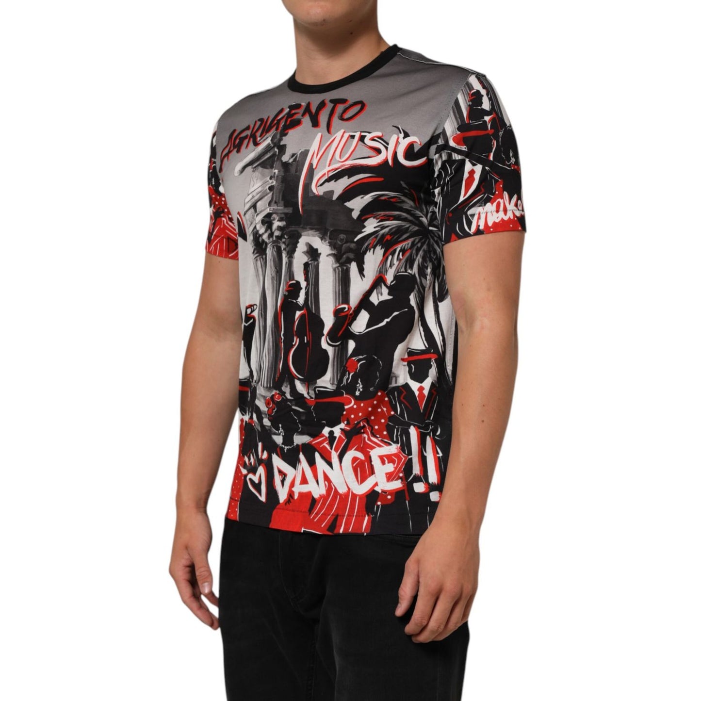 Dolce & Gabbana Multicolor Agrigento Dance Jazz Music Print T-shirt with vibrant design, crew neck, and short sleeves on a male model.