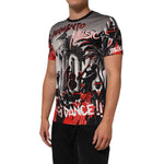 Dolce & Gabbana Multicolor Agrigento Dance Jazz Music Print T-shirt with vibrant design, crew neck, and short sleeves on a male model.
