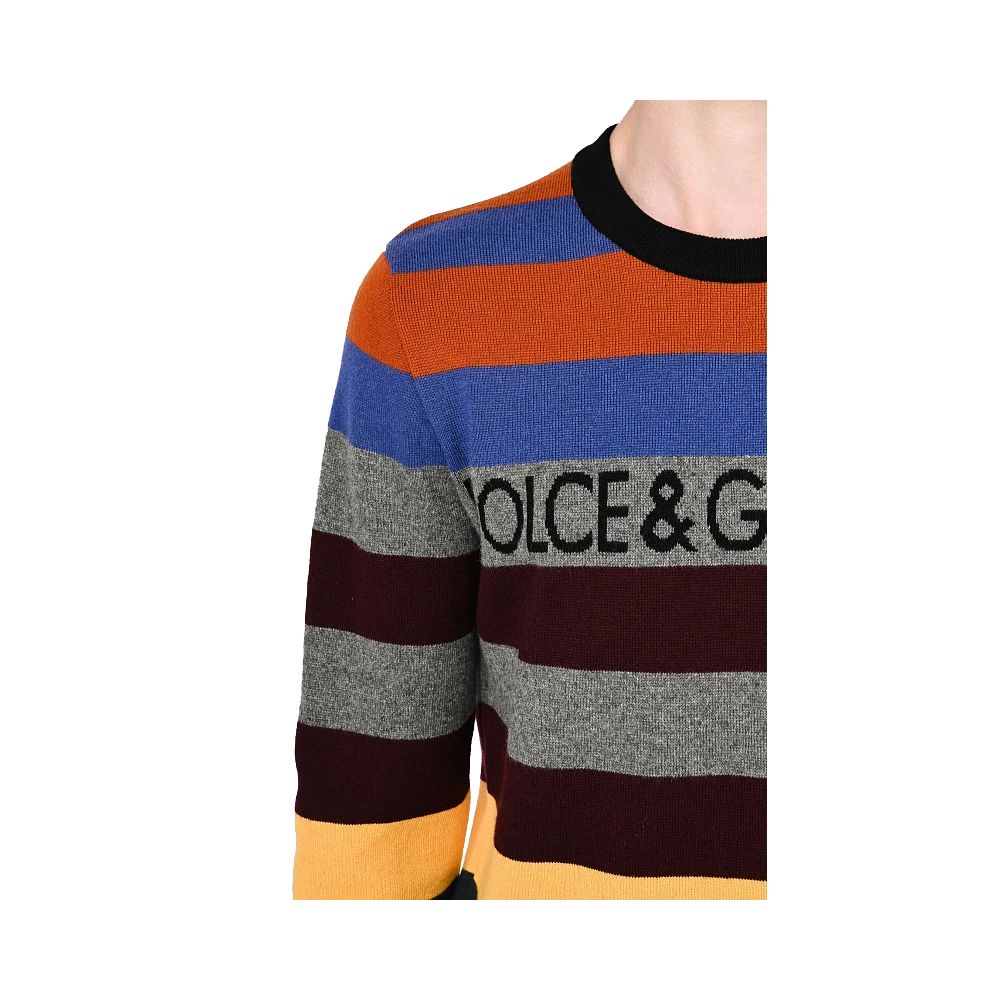 Dolce & Gabbana Multicolor Cashmere Sweater with horizontal stripes and logo, featuring vibrant colors and crewneck style.