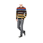 Dolce & Gabbana Multicolor Cashmere Sweater with horizontal stripes and logo lettering, worn by model, crewneck design.