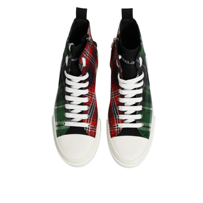Dolce & Gabbana Multicolor Cotton High Top Men Sneakers Shoes with plaid design, lace-up style, and white rubber sole.