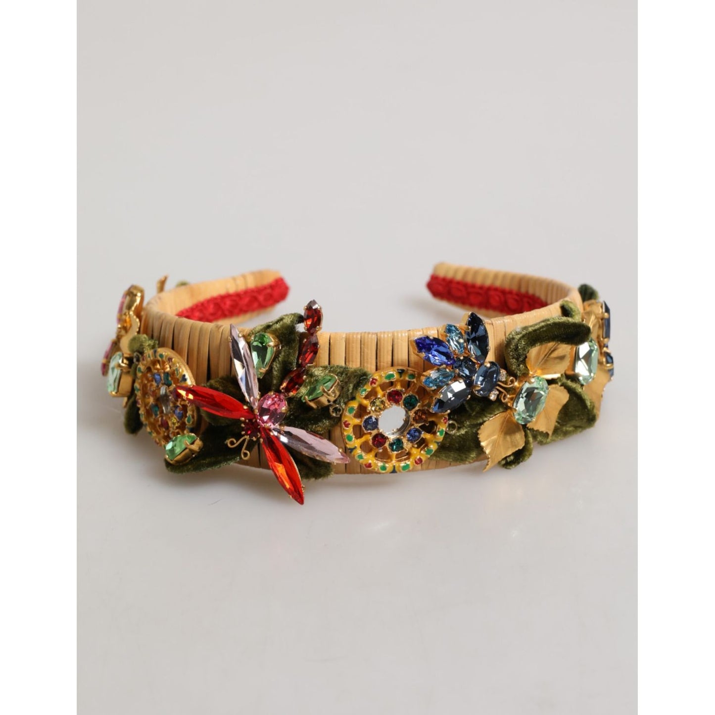Dolce & Gabbana Multicolor Crystal Floral Gold Green Velvet Crown Headband with butterfly motifs, handcrafted in Italy.