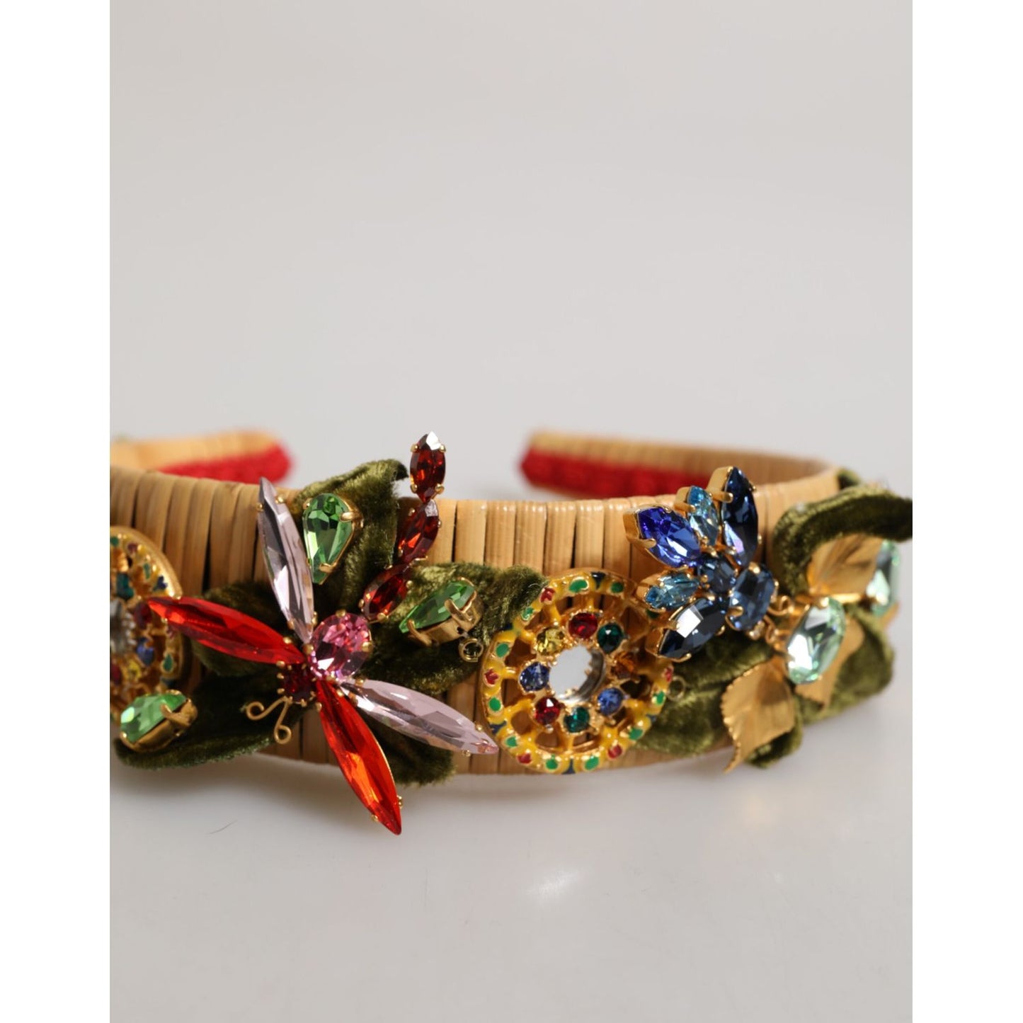 Dolce & Gabbana Multicolor Crystal Floral Gold Green Velvet Crown Headband with butterfly motifs and Swarovski-style crystals.