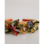 Dolce & Gabbana Multicolor Crystal Floral Gold Green Velvet Crown Headband with butterfly motifs and Swarovski-style crystals.