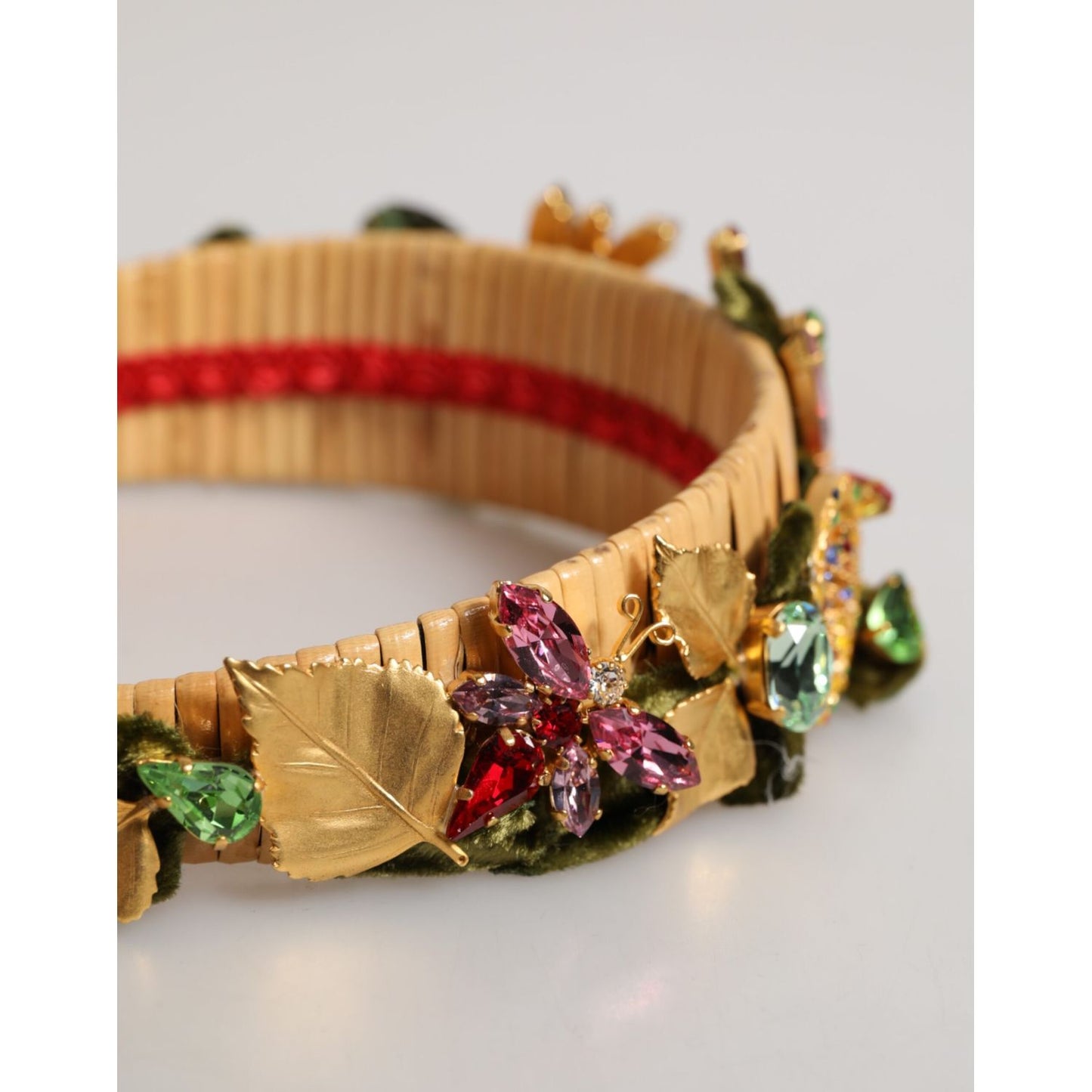 Dolce & Gabbana Multicolor Crystal Floral Gold Green Velvet Crown Headband with butterfly motifs, handcrafted in Italy.