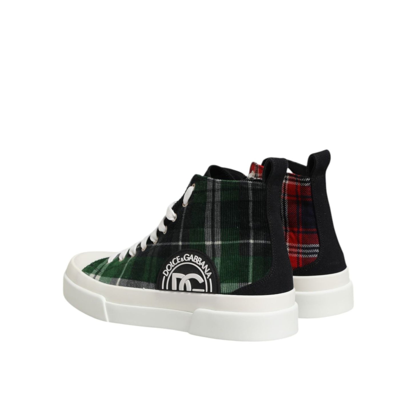 Dolce & Gabbana Multicolor DG Logo Men High Top Sneakers Shoes with lace-up design and rubber sole, showcasing playful plaid pattern.