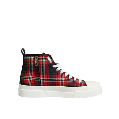 Dolce & Gabbana Multicolor DG Logo Men High Top Sneakers Shoes with plaid design, lace-up closure, and rubber sole for stylish comfort.