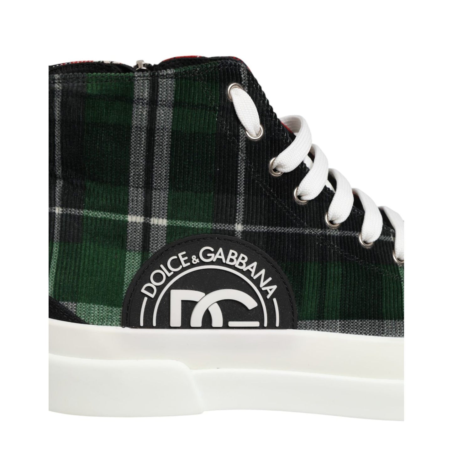 Dolce & Gabbana Multicolor DG Logo Men High Top Sneakers Shoes - side view in green plaid with logo patch and white laces.