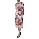 Dolce & Gabbana Multicolor Floral Long Sleeve A-line Dress, round neck, high craftsmanship, exclusive Italian design, midi length.