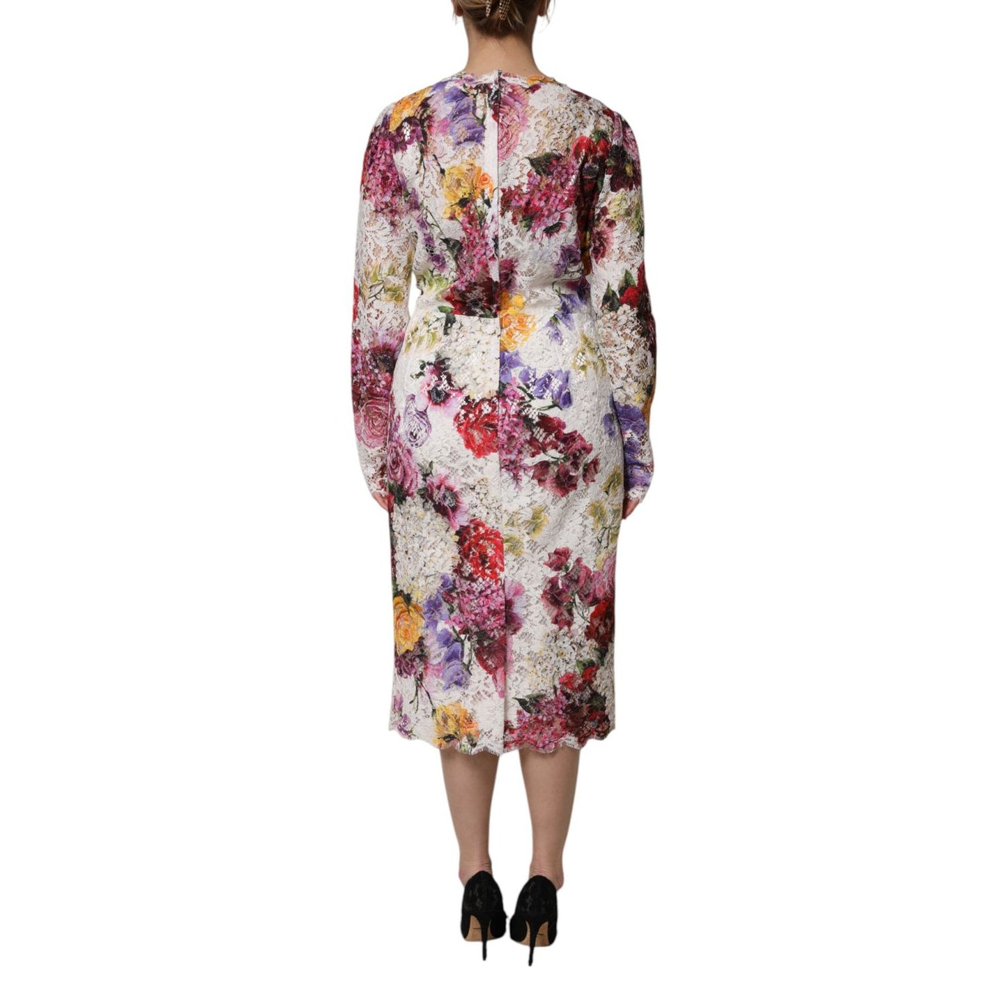 Back view of Dolce & Gabbana Multicolor Floral Long Sleeve A-line Dress showing elegant floral pattern and zipper closure.