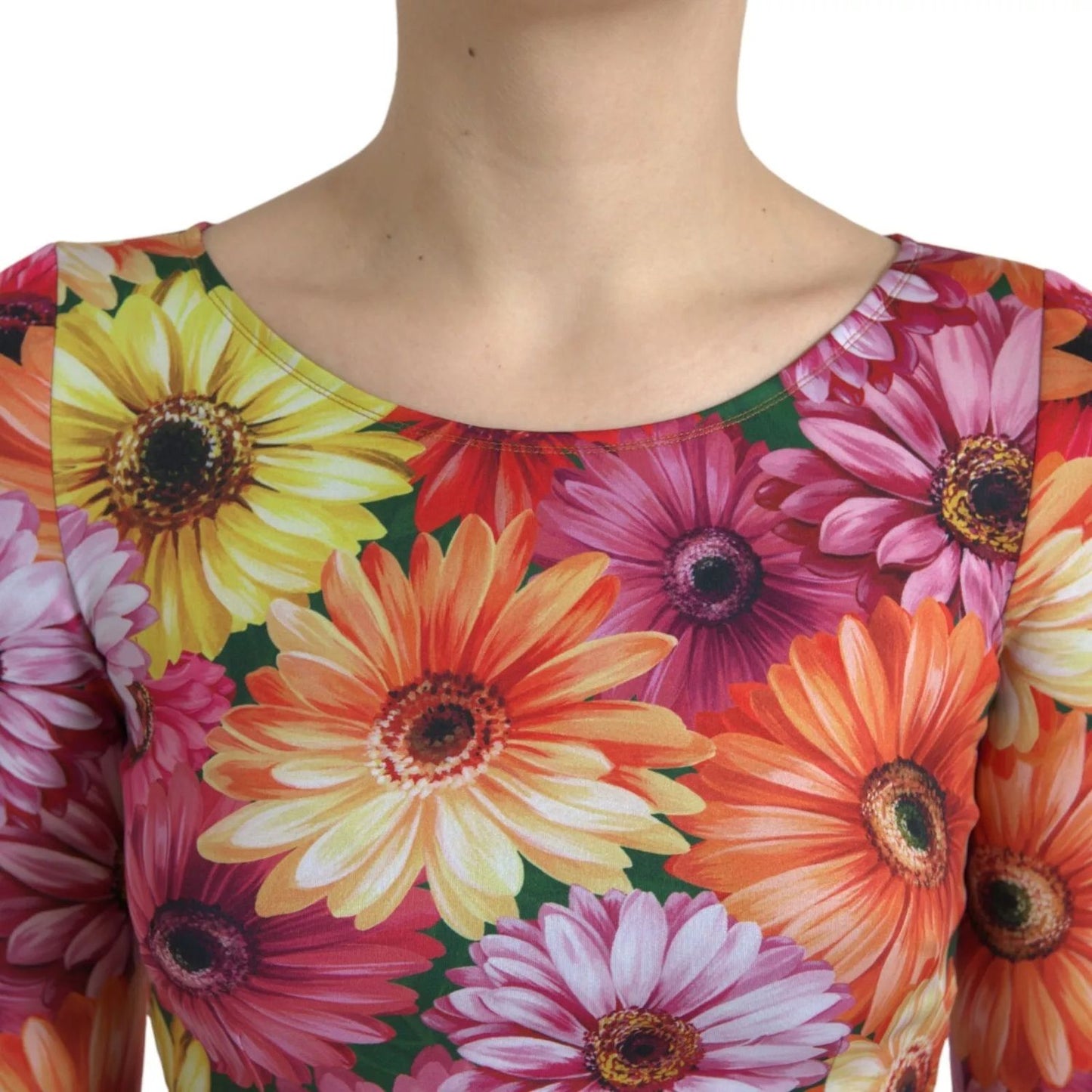 Close-up of Dolce & Gabbana Multicolor Floral Print Sheath Mini Dress with vibrant floral pattern, scoop neckline, featuring pink, orange flowers.