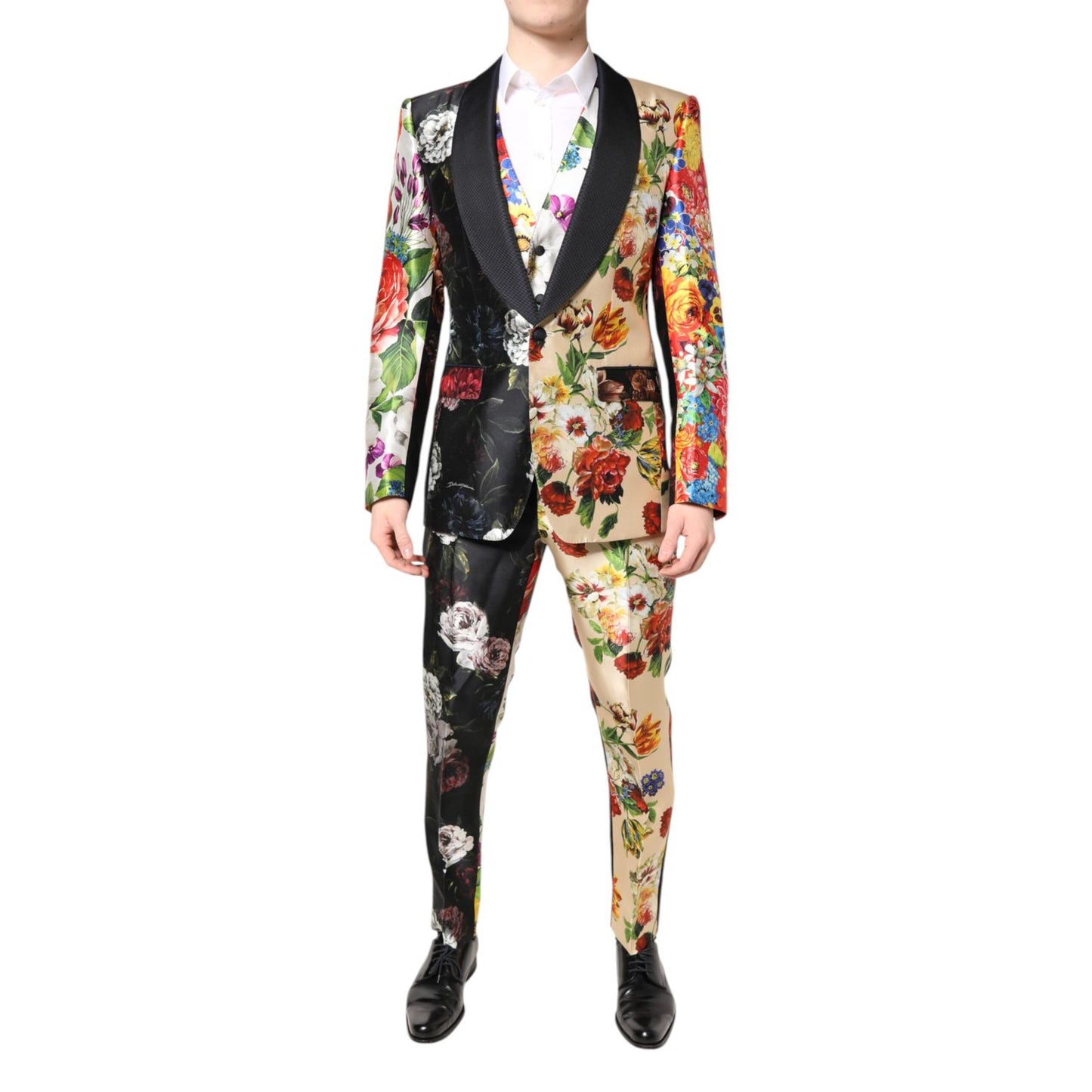 Dolce & Gabbana Multicolor Floral SICILIA Silk 3 Piece Suit featuring a vibrant floral pattern and slim fit design.