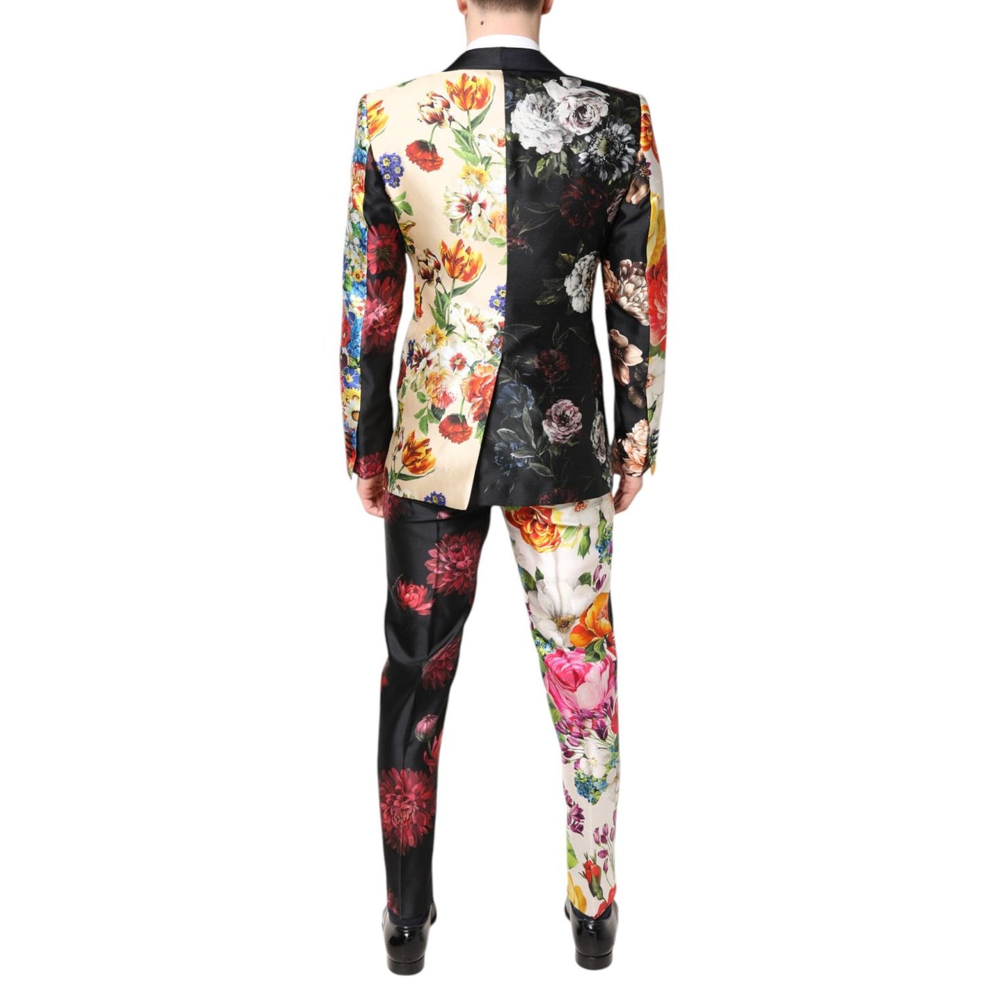 Back view of Dolce & Gabbana Multicolor Floral SICILIA Silk 3 Piece Suit featuring a vibrant floral pattern.