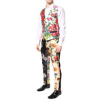 Model wearing Dolce & Gabbana Multicolor Floral SICILIA Silk 3 Piece Suit with vest and pants, showcasing floral pattern and slim fit design.