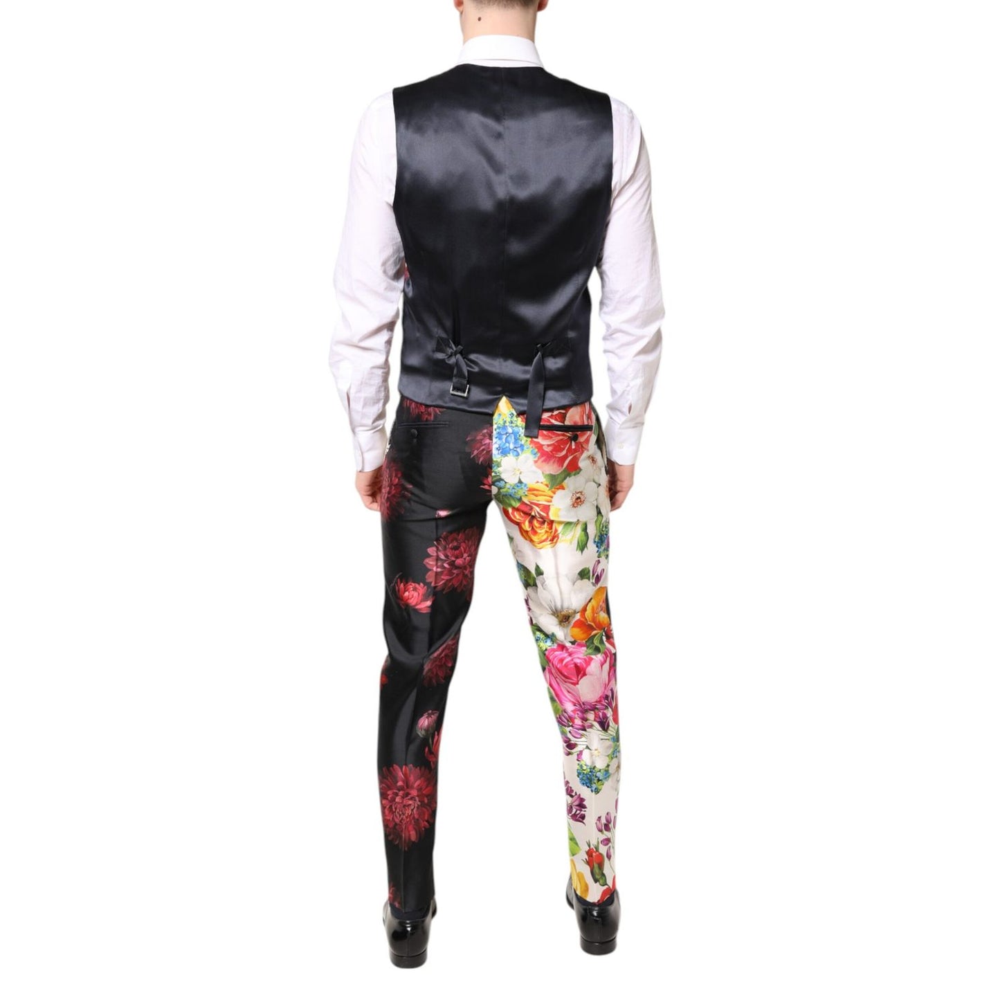 Back view of Dolce & Gabbana Multicolor Floral SICILIA Silk 3 Piece Suit showcasing floral patterns and slim fit design.
