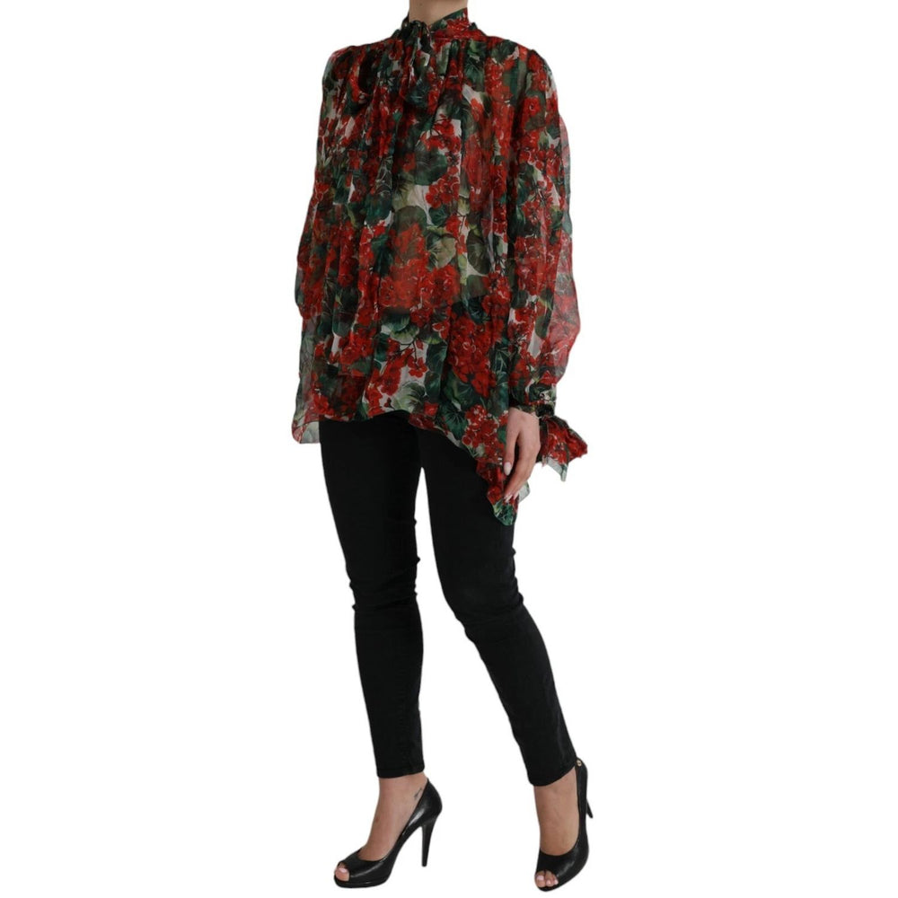 Dolce & Gabbana Multicolor Floral Silk Collar Blouse with long sleeves, featuring a red and green floral design, button closure, and logo details.
