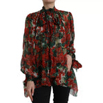 Dolce & Gabbana Multicolor Floral Silk Collar Blouse with long sleeves and ascot design made from 100% silk, featuring a red and green pattern.
