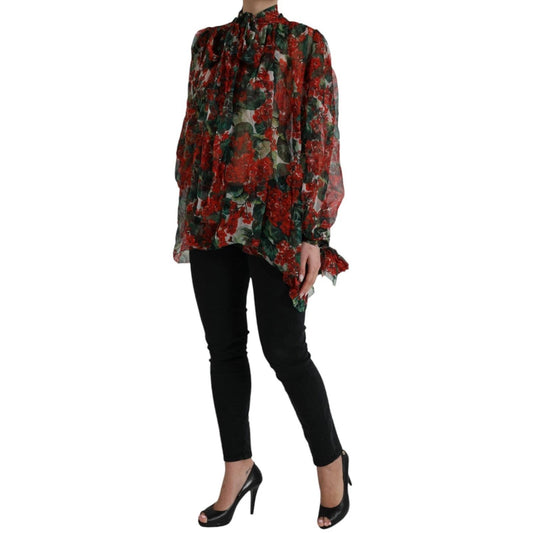 Dolce & Gabbana Multicolor Floral Silk Collar Blouse with long sleeves, featuring a red and green floral design, button closure, and logo details.