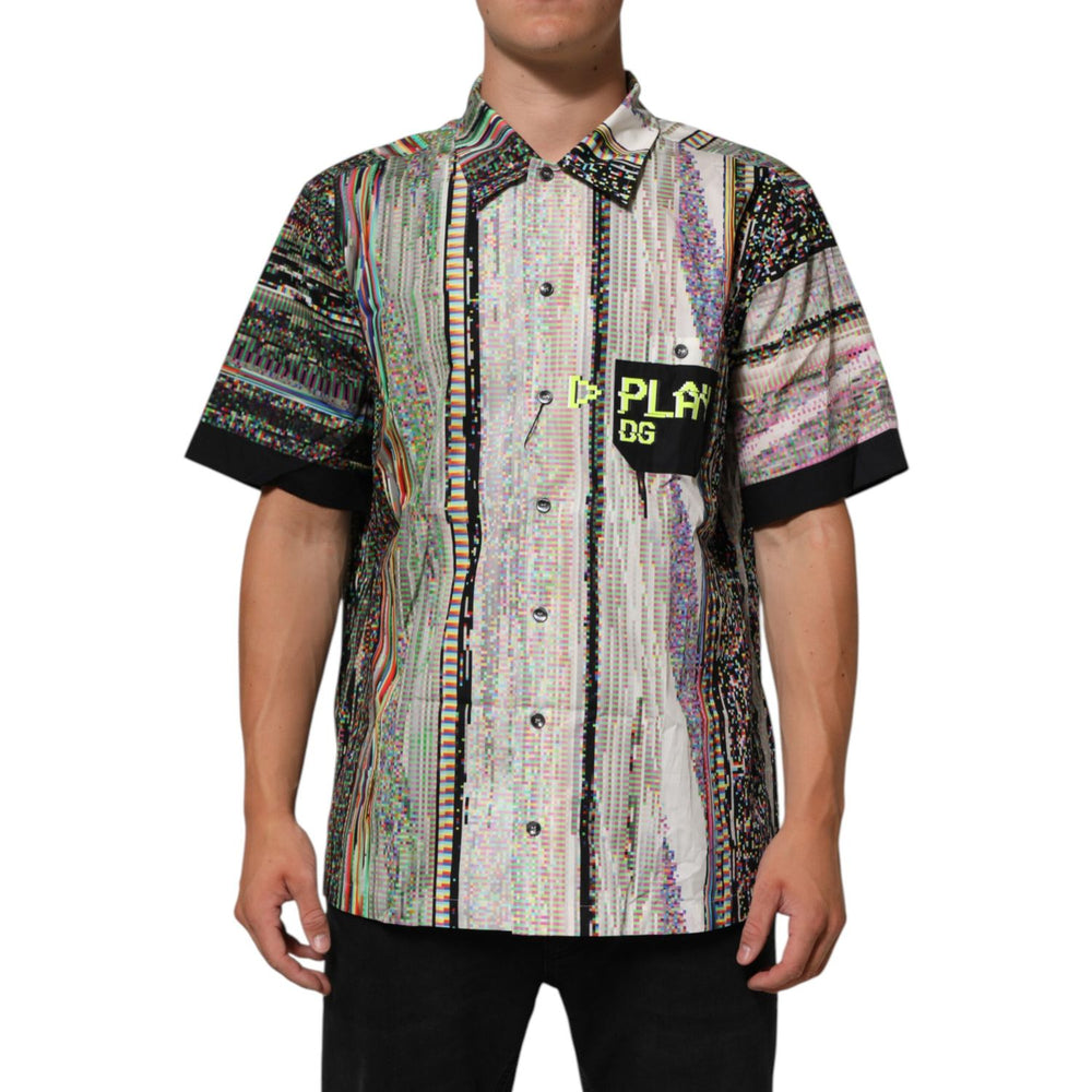 Dolce & Gabbana Multicolor Graphic Collared Casual Shirt, short sleeve, breathable cotton, perfect for casual outings or smart-casual occasions.