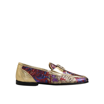 Dolce & Gabbana Multicolor Jacquard Gold DG Logo Loafer Shoes with vibrant patterns and opulent gold detailing for stylish men.
