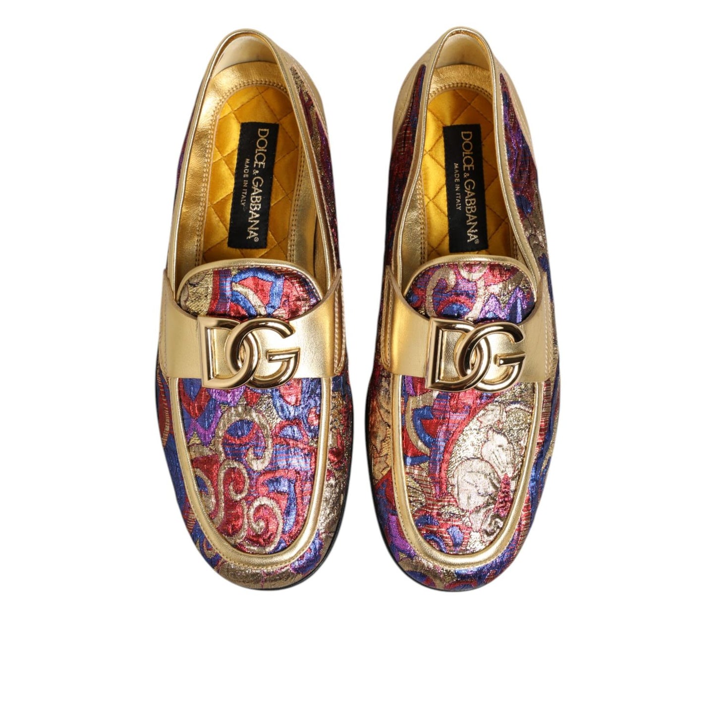 Dolce & Gabbana Multicolor Jacquard Gold DG Logo Loafer Shoes featuring vibrant patterns and luxurious gold detailing.