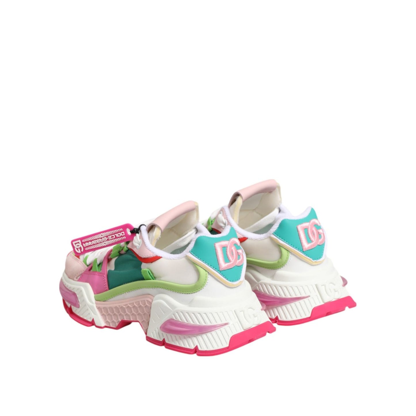 Dolce & Gabbana Multicolor Leather Airmaster Low Top Sneaker Shoes with DG logo on heel, featuring dynamic grey, black, and pink tones.
