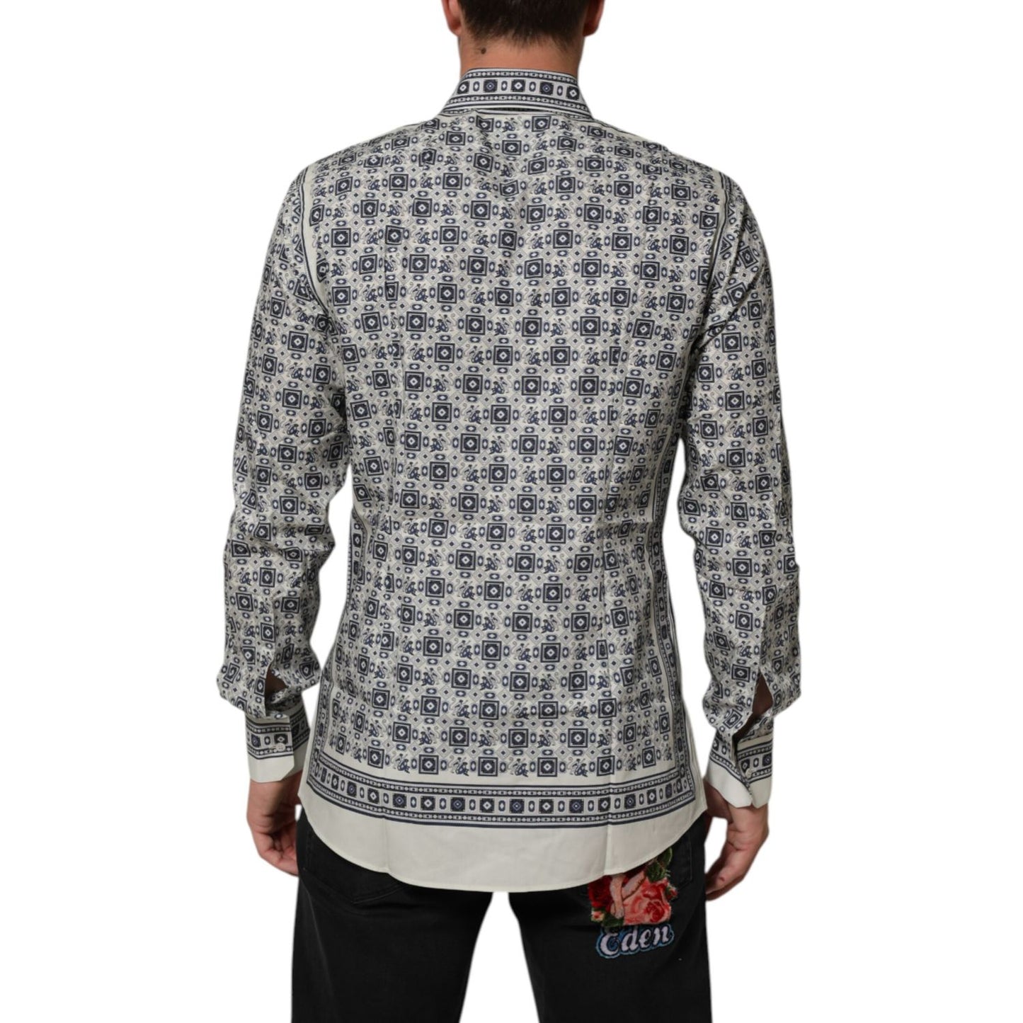 Dolce & Gabbana Multicolor Monkey Tie Print GOLD Dress Shirt, back view of patterned slim fit design, 100% cotton.