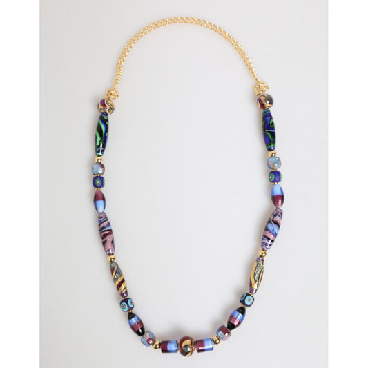 Dolce & Gabbana Multicolor Murano Glass Beads Gold Brass Chain Jewelry Necklace with vibrant artisan design.