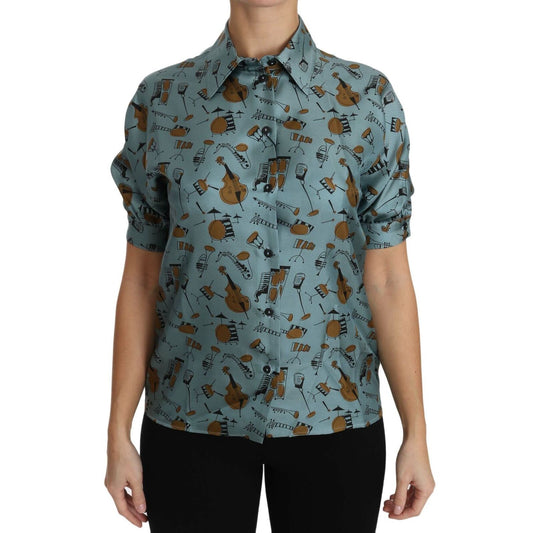 Dolce & Gabbana Multicolor Musical Instruments Silk Short sleeve Shirt 1728,67345645728,Clothing,Dolce & Gabbana,IT36|XXS,Material: 100% Silk,Multicolor,New with tags,Pattern - Shirts - Clothing,Shirts - Clothing,Shirts - Women - Clothing,Shortsleeve - Sh