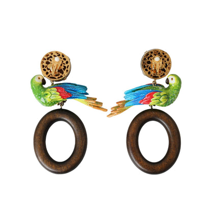 Dolce & Gabbana Multicolor Parrot Wood Brass Crystal Embellished Earrings